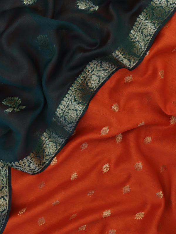 Banarasee Handloom Pure Silk Zari Buti Salwar Kameez Fabric With Dupatta-Red & Bottle Green