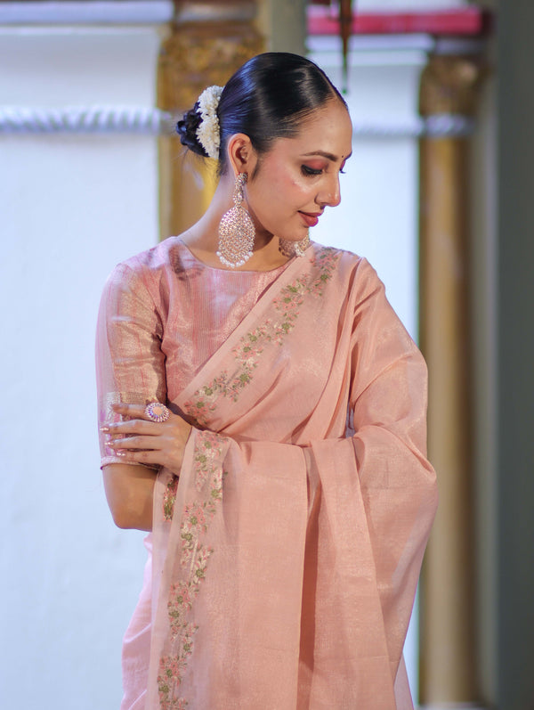 Banarasee Handloom Soft Tissue Shine Saree With Resham Floral Border-Peach