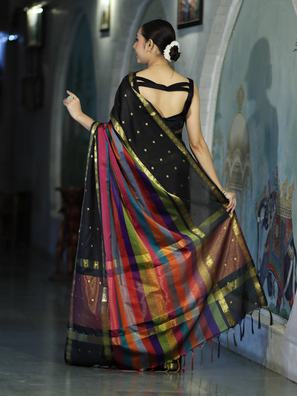 Banarasee Handloom Semi Silk Saree With Stripe Pattern & Buti Design Broad Border-Multicolor