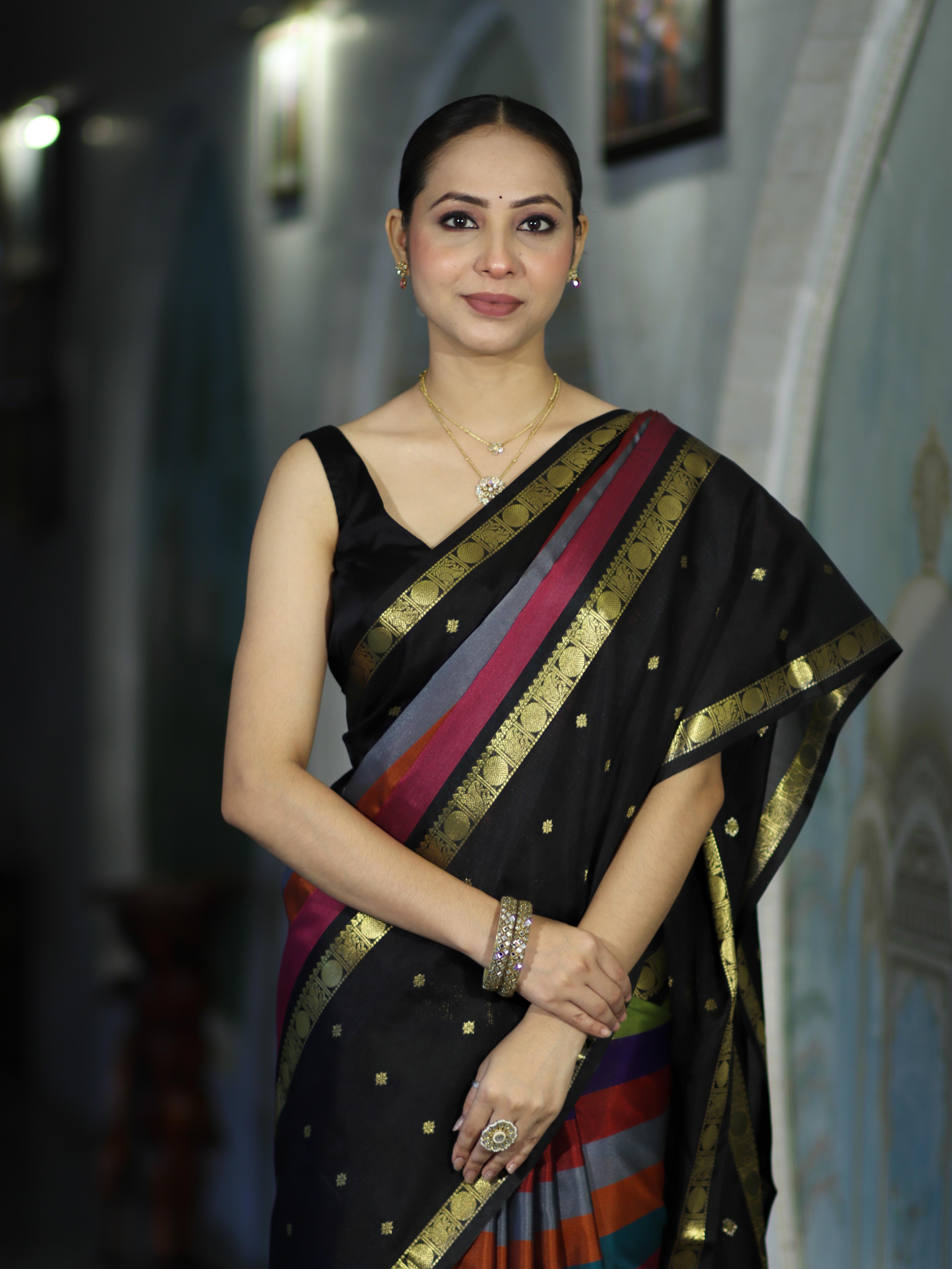Banarasee Handloom Semi Silk Saree With Stripe Pattern & Buti Design Broad Border-Multicolor