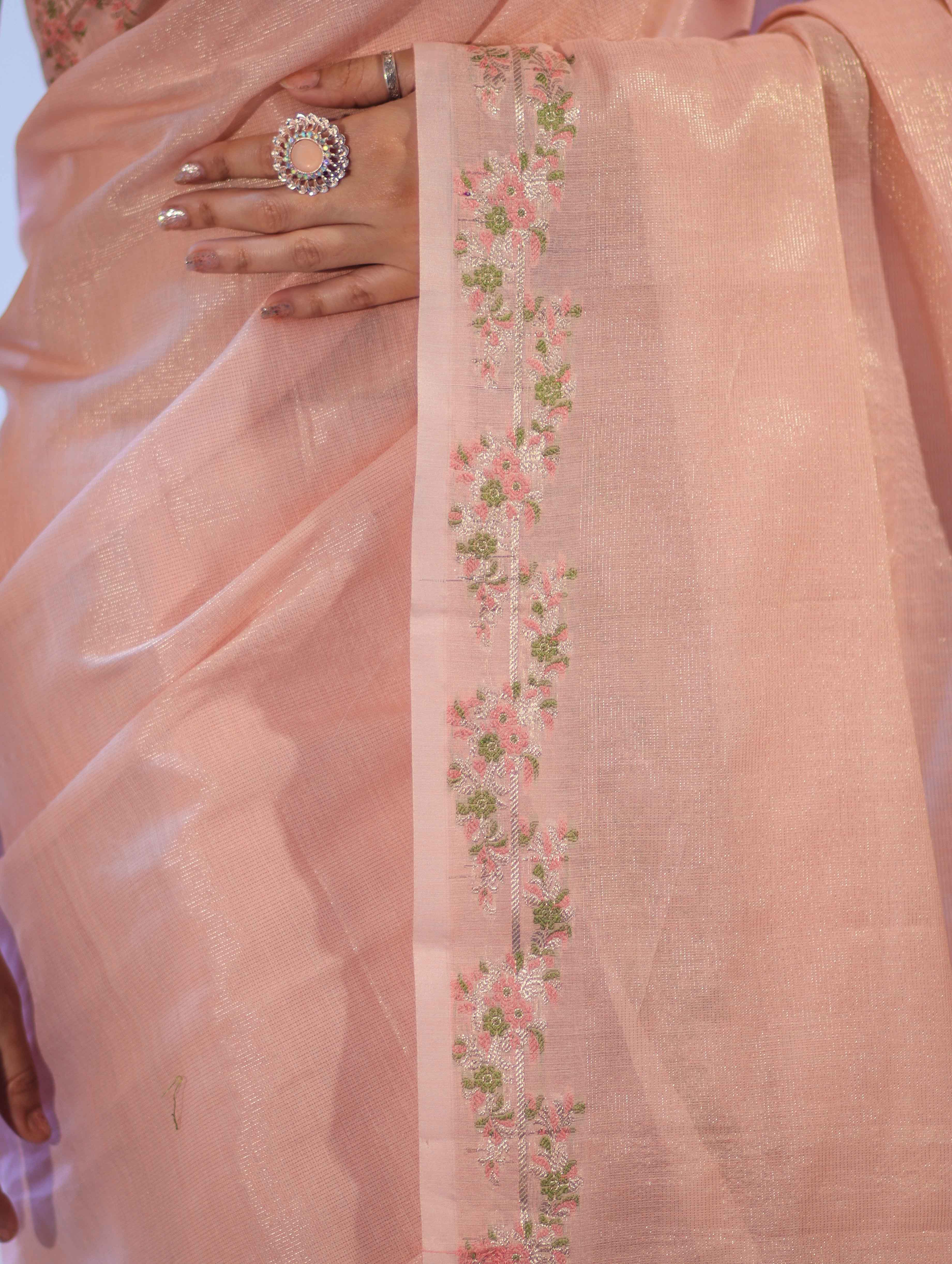 Banarasee Handloom Soft Tissue Shine Saree With Resham Floral Border-Peach