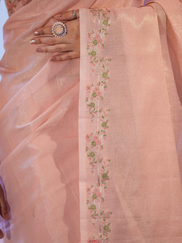 Banarasee Handloom Soft Tissue Shine Saree With Resham Floral Border-Peach