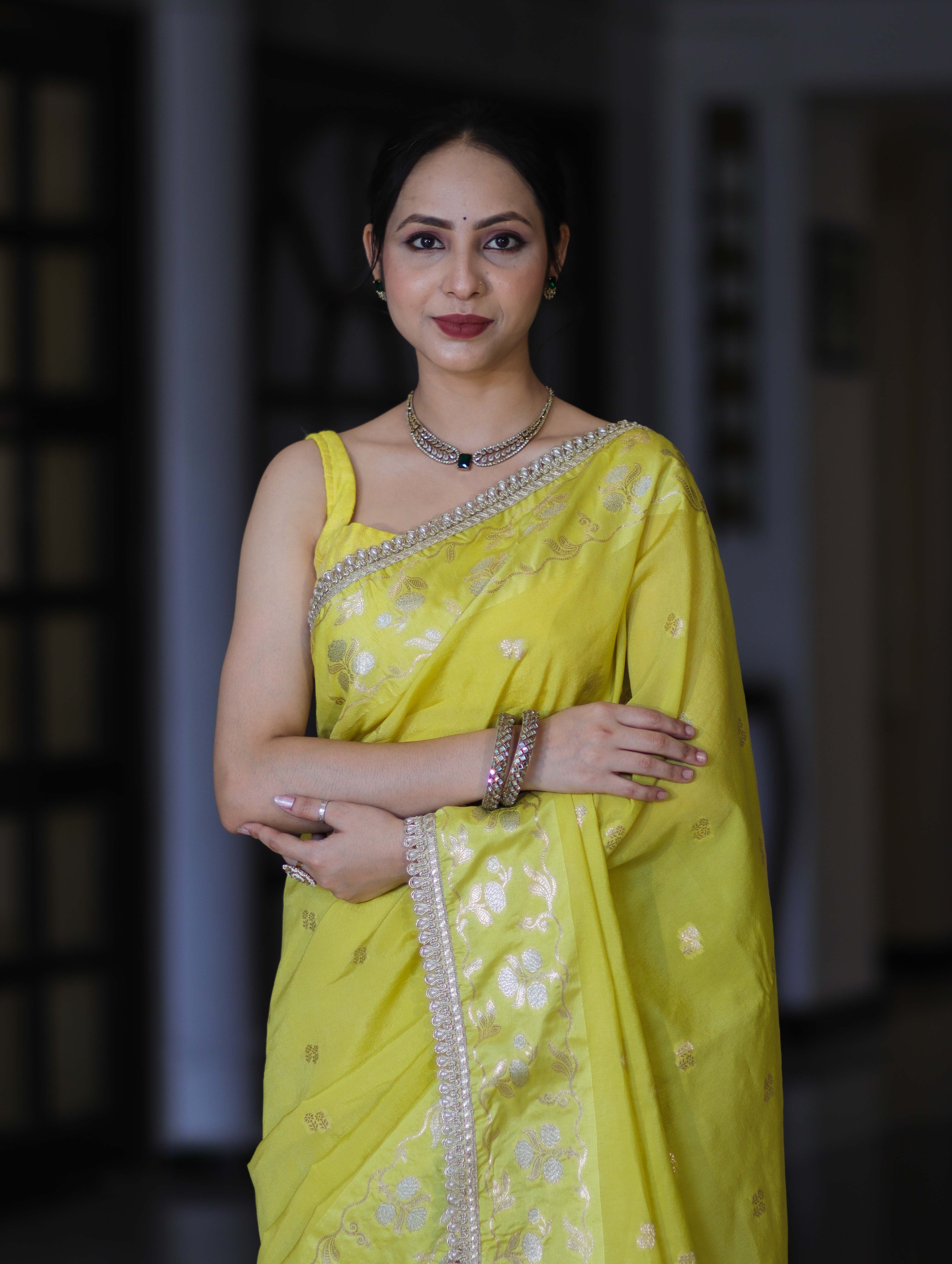 Banarasee Handloom Semi Silk Saree With Buti Design Zari Border & Lace-Light Yellow