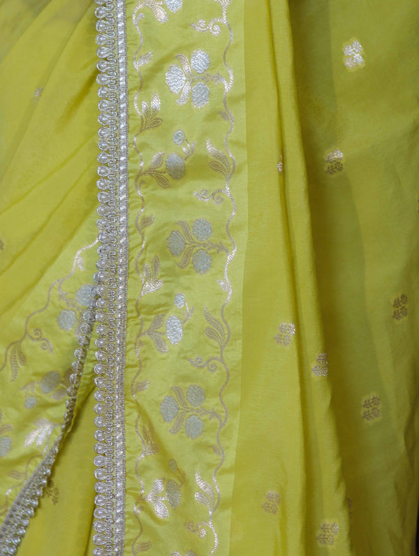 Banarasee Handloom Semi Silk Saree With Buti Design Zari Border & Lace-Light Yellow