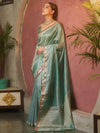 Banarasee Handwoven Plain Tissue Saree With Zari Broder & Lace-Sea Green