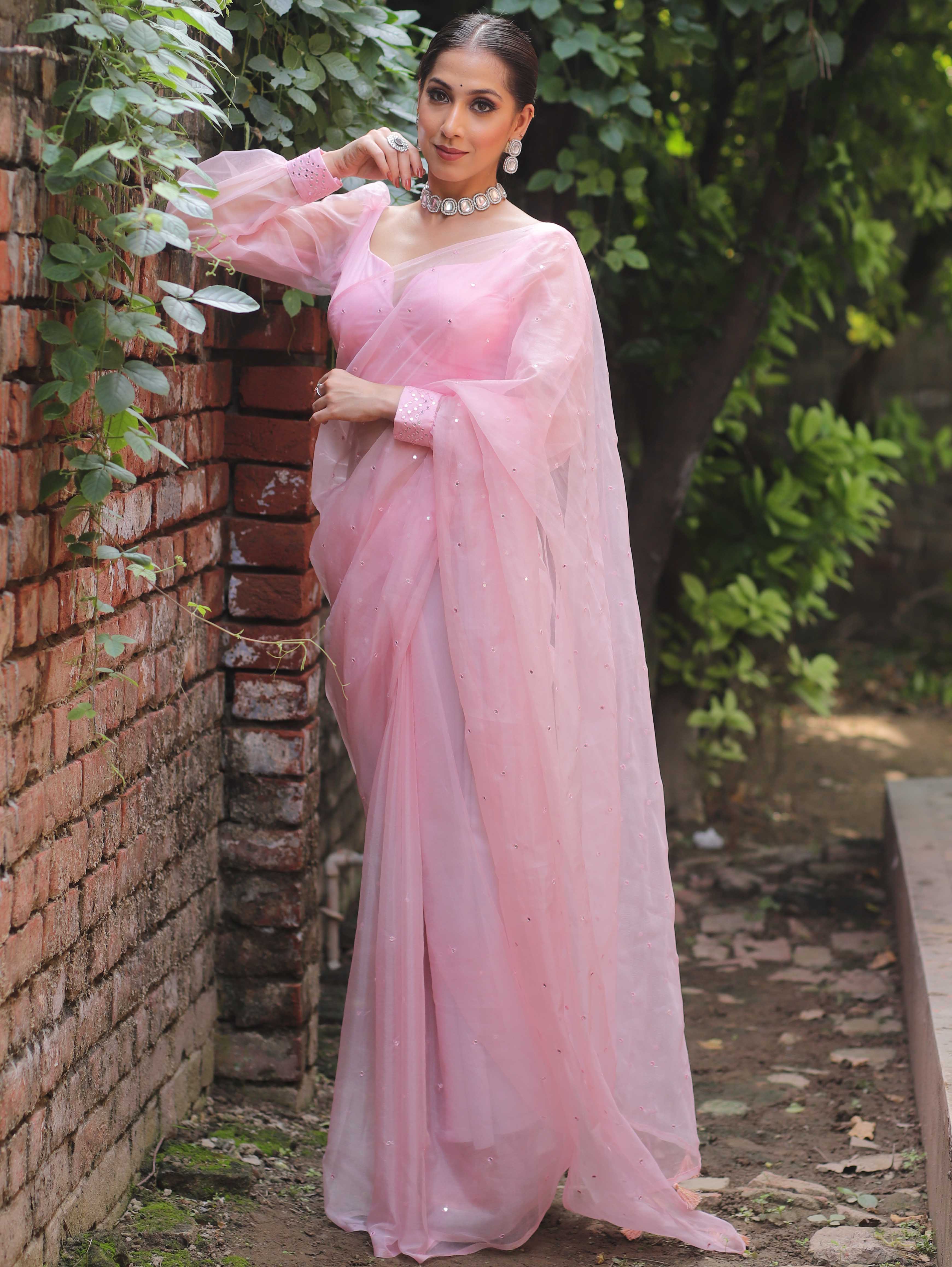 Banarasee Hand-Embroidered Mirror Work Organza Saree With Blouse-Pink