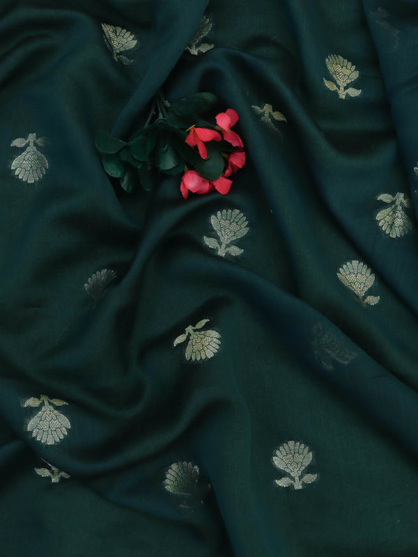 Banarasee Handloom Pure Silk Zari Buti Salwar Kameez Fabric With Dupatta-Red & Bottle Green