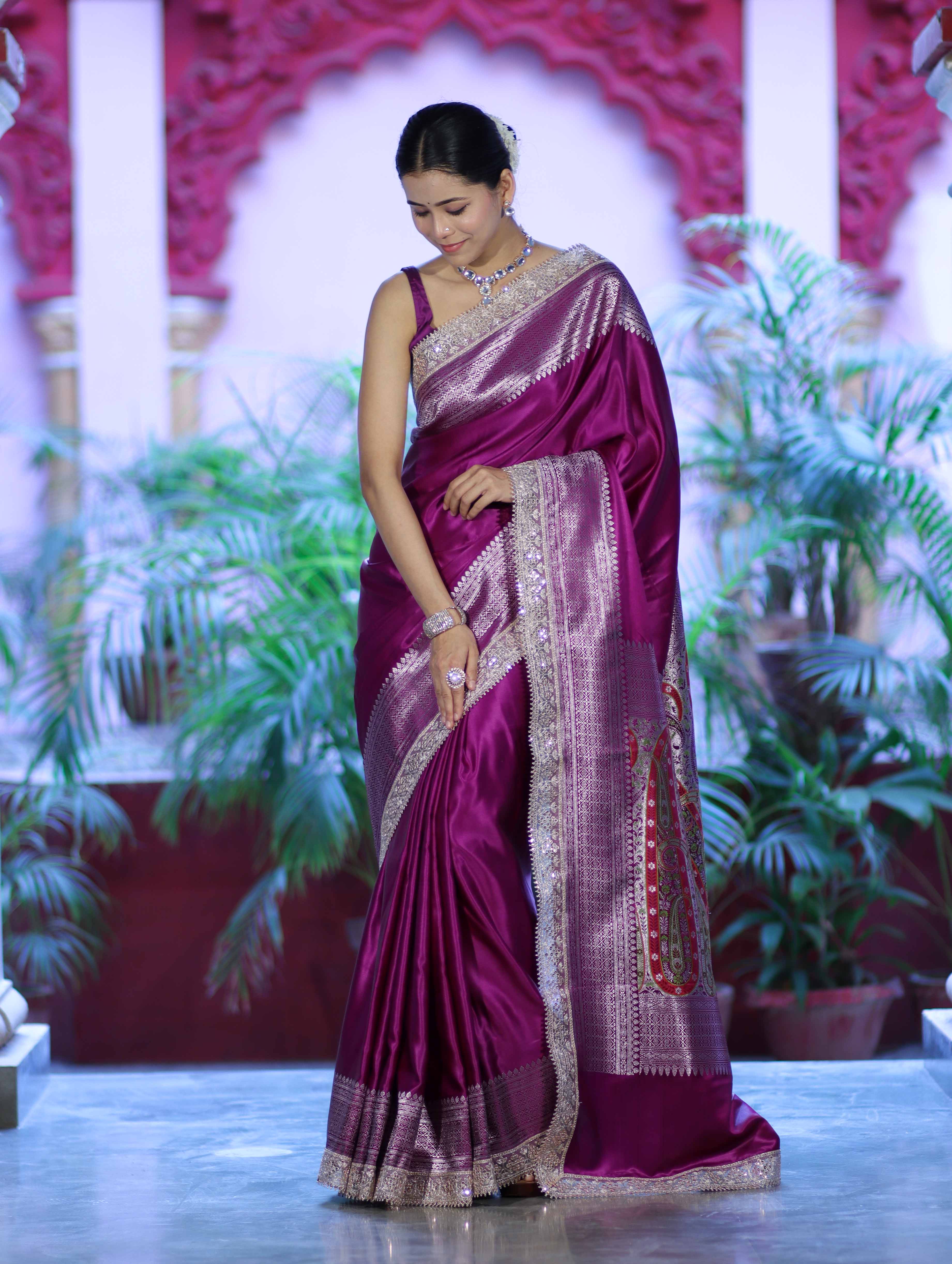 Banarasee Handloom Plain Mashru Silk Saree With Lace Border & Meenadar Pallu-Magenta