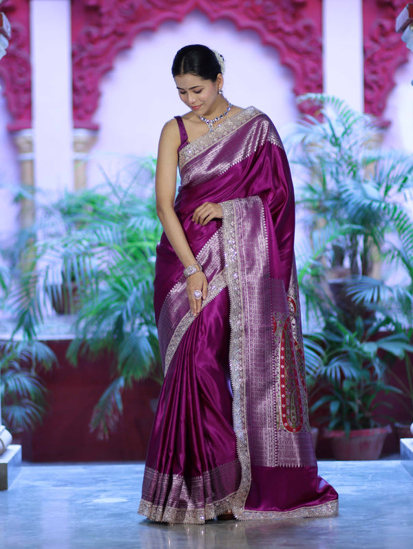 Banarasee Handloom Plain Mashru Silk Saree With Lace Border & Meenadar Pallu-Magenta