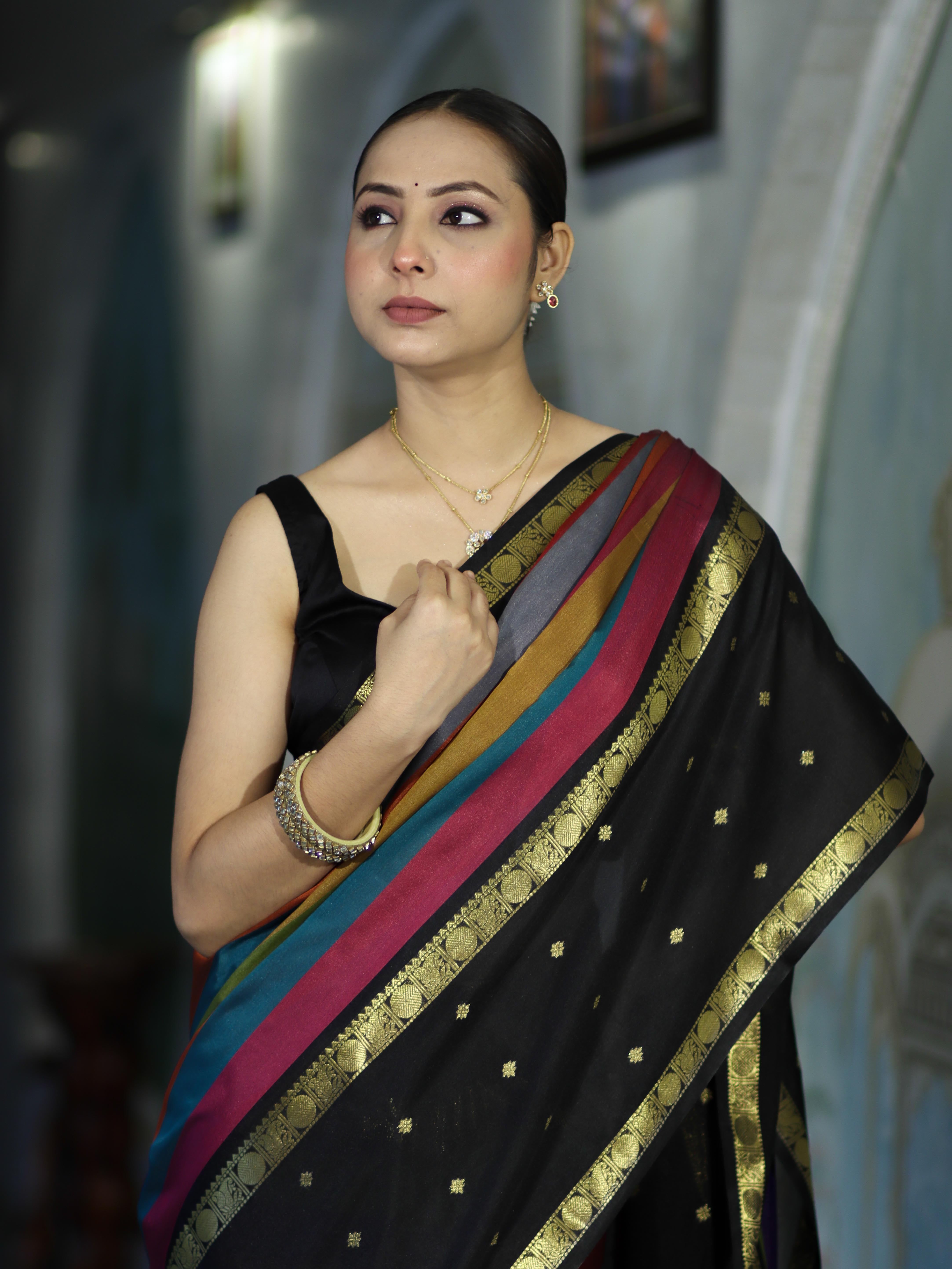 Banarasee Handloom Semi Silk Saree With Stripe Pattern & Buti Design Broad Border-Multicolor