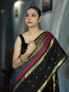Banarasee Handloom Semi Silk Saree With Stripe Pattern & Buti Design Broad Border-Multicolor