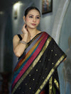 Banarasee Handloom Semi Silk Saree With Stripe Pattern & Buti Design Broad Border-Multicolor