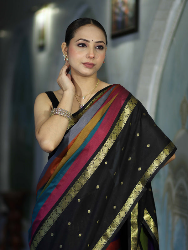 Banarasee Handloom Semi Silk Saree With Stripe Pattern & Buti Design Broad Border-Multicolor
