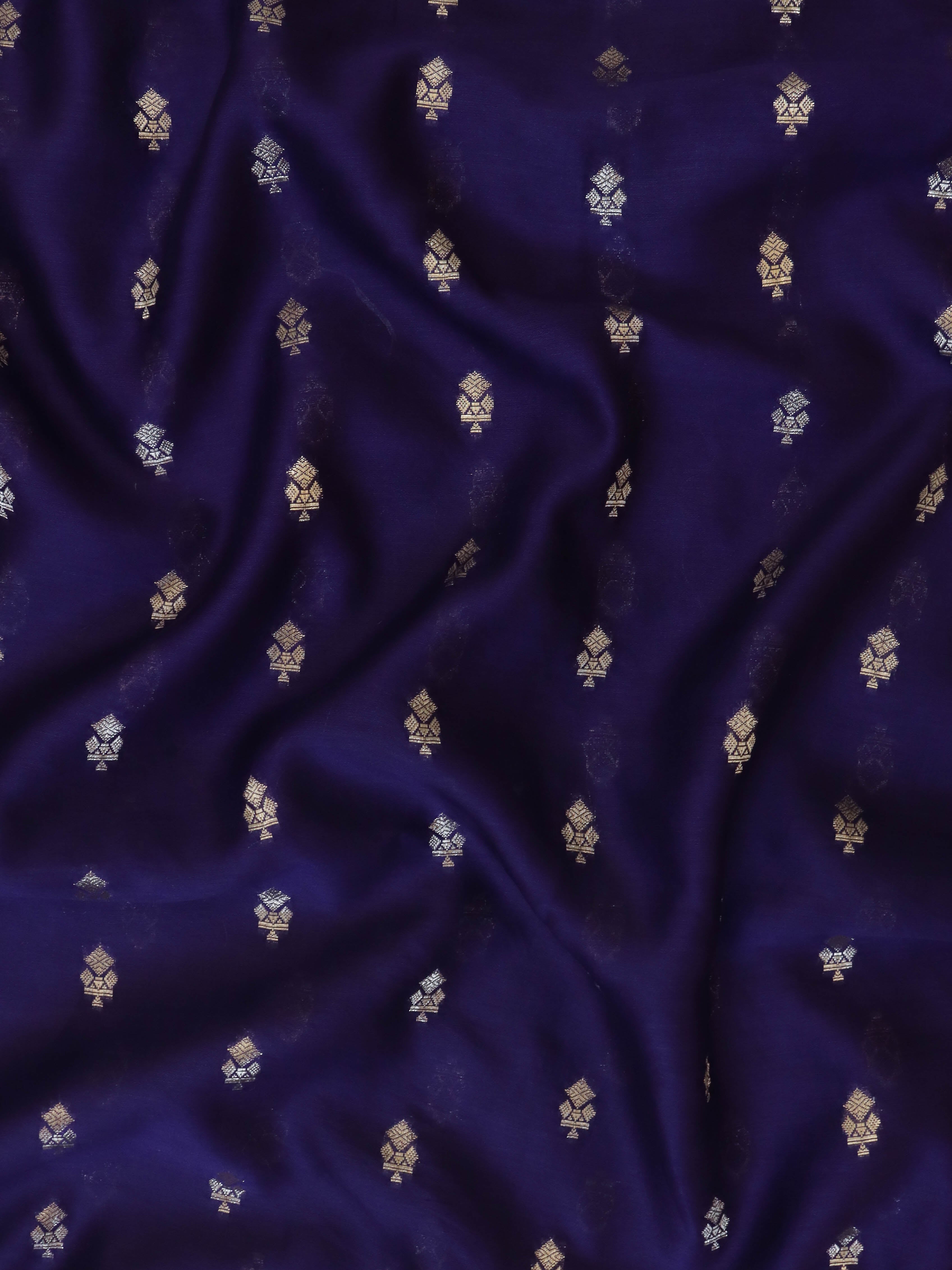 Banarasee Handloom Pure Silk Zari Buti Salwar Kameez Fabric With Dupatta-Navy Blue & Orange