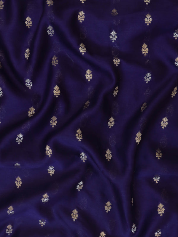 Banarasee Handloom Pure Silk Zari Buti Salwar Kameez Fabric With Dupatta-Navy Blue & Orange