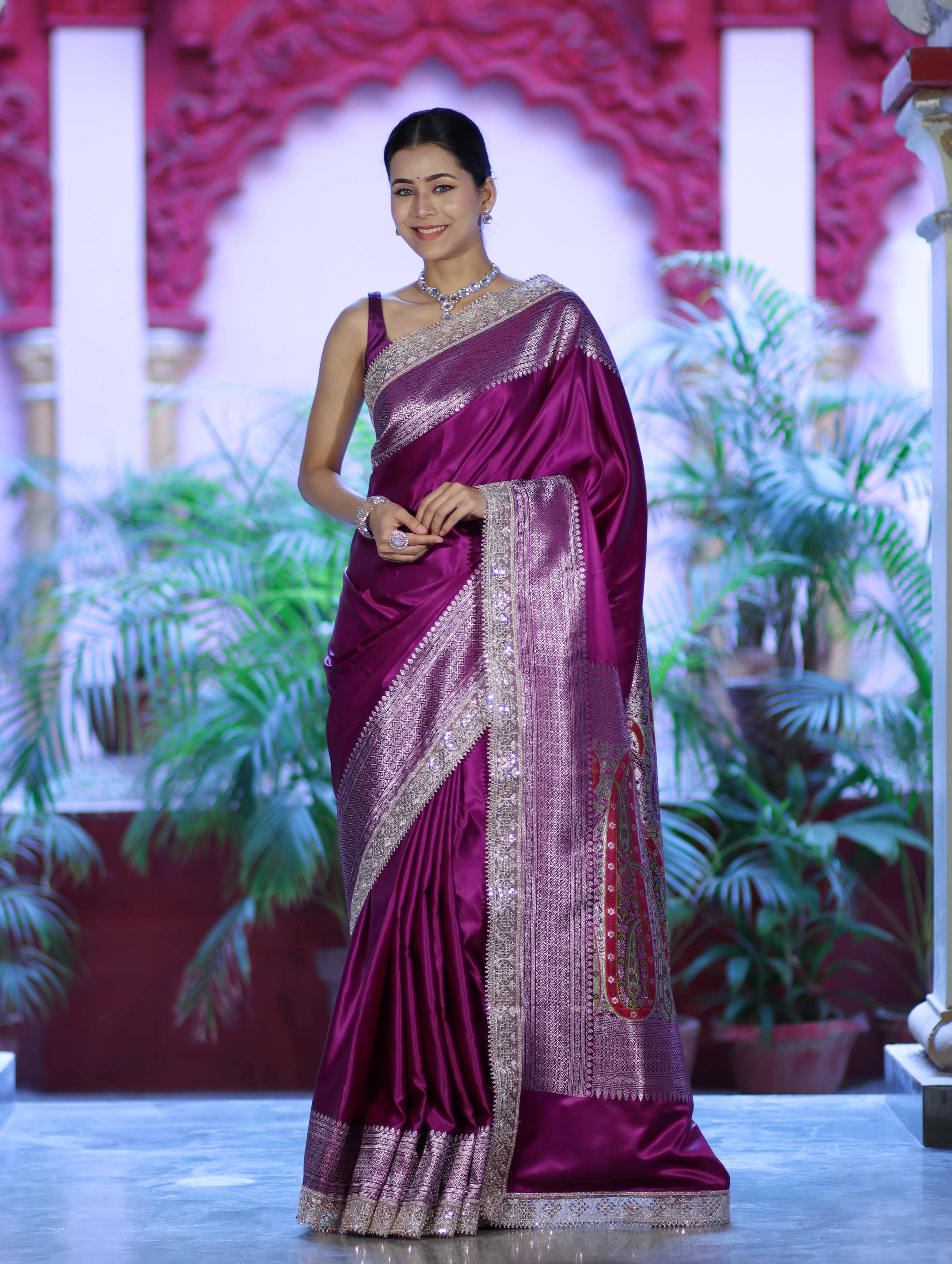 Banarasee Handloom Plain Mashru Silk Saree With Lace Border & Meenadar Pallu-Magenta