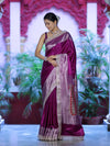 Banarasee Handloom Plain Mashru Silk Saree With Lace Border & Meenadar Pallu-Magenta
