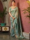 Banarasee Handwoven Plain Tissue Saree With Zari Broder & Lace-Sea Green