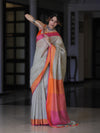 Bhagalpur Handloom Pure Linen Saree With Dual Tone Contrast Pallu-Grey