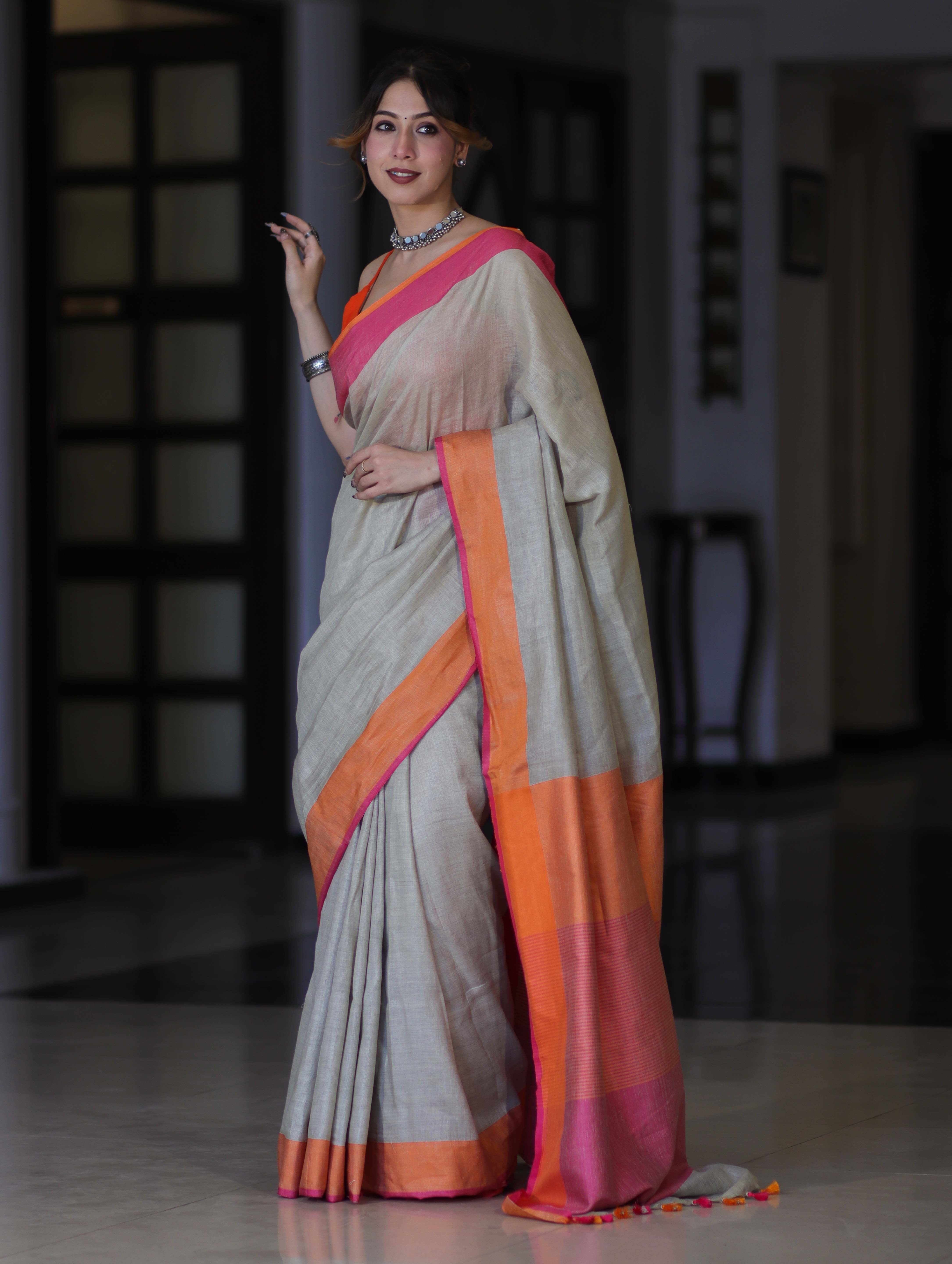Bhagalpur Handloom Pure Linen Saree With Dual Tone Contrast Pallu-Grey