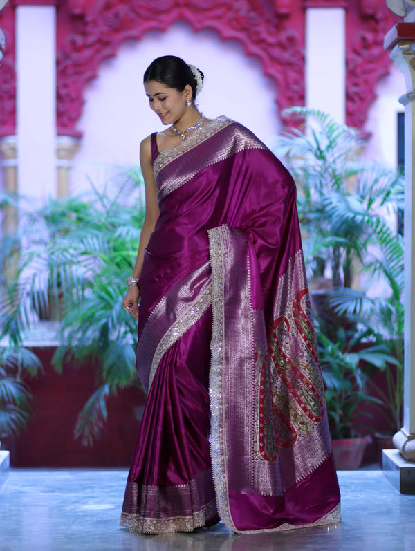 Banarasee Handloom Plain Mashru Silk Saree With Lace Border & Meenadar Pallu-Magenta