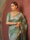 Banarasee Handwoven Plain Tissue Saree With Zari Broder & Lace-Sea Green
