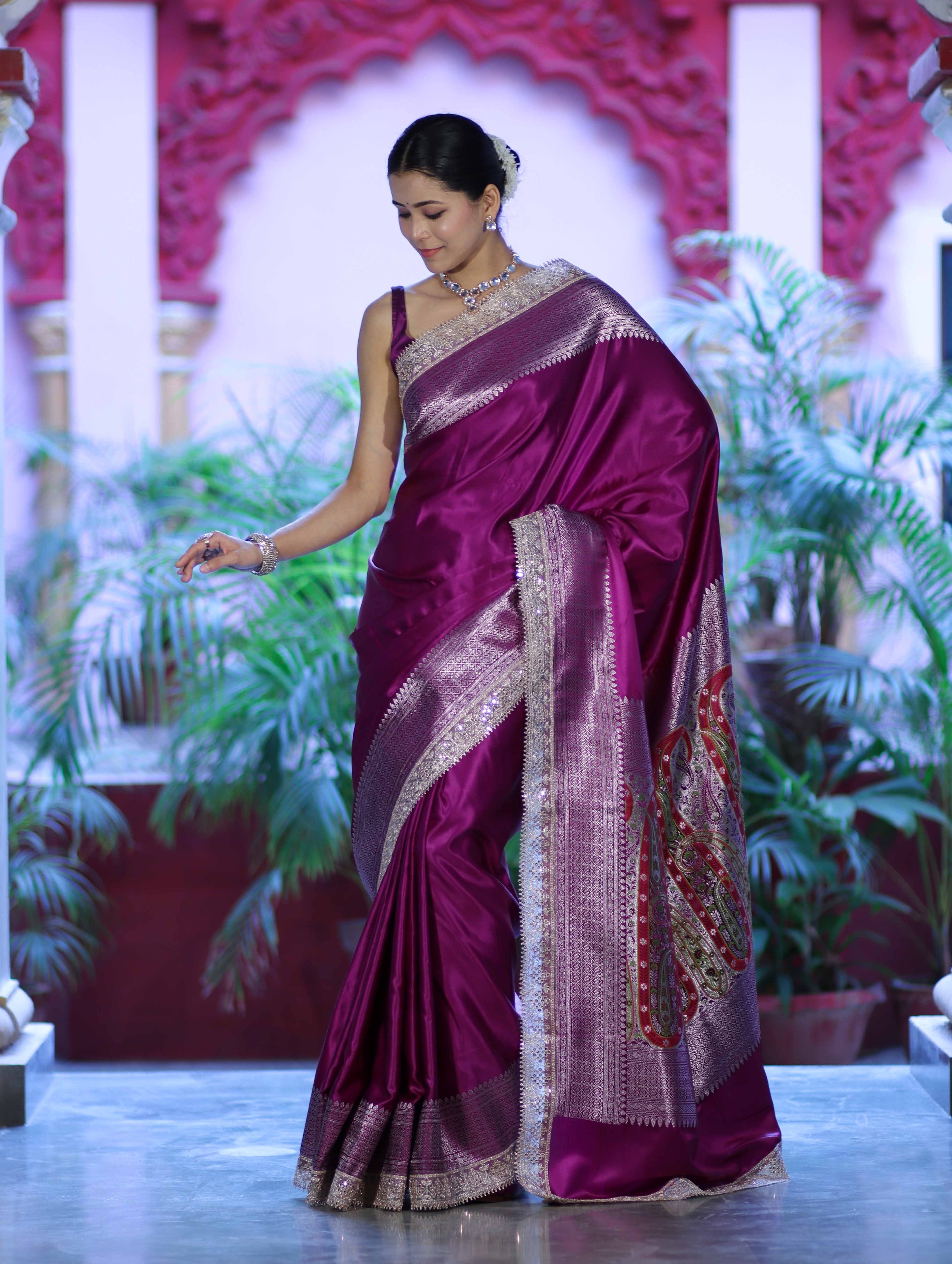 Banarasee Handloom Plain Mashru Silk Saree With Lace Border & Meenadar Pallu-Magenta