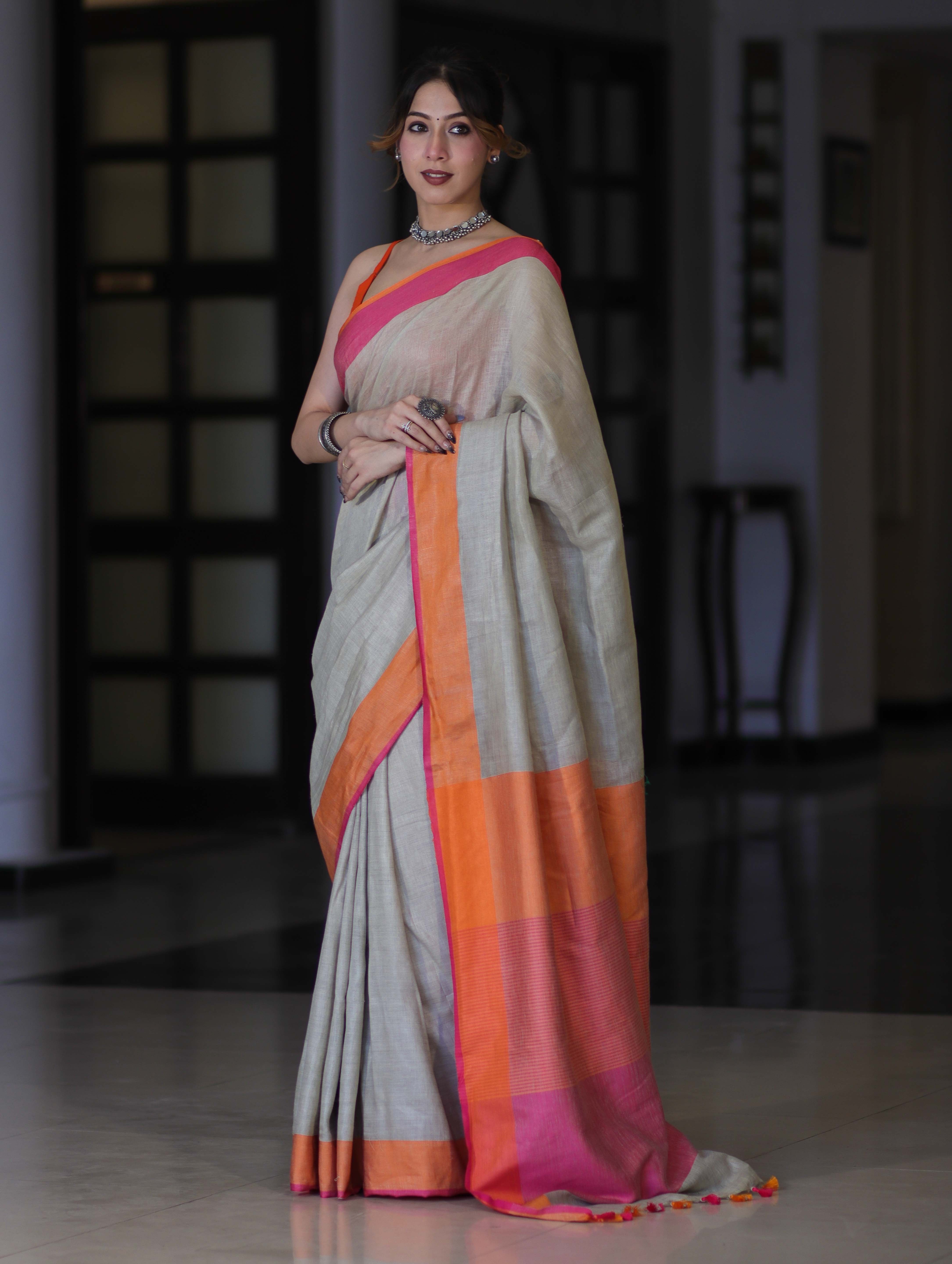 Bhagalpur Handloom Pure Linen Saree With Dual Tone Contrast Pallu-Grey