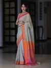Bhagalpur Handloom Pure Linen Saree With Dual Tone Contrast Pallu-Grey