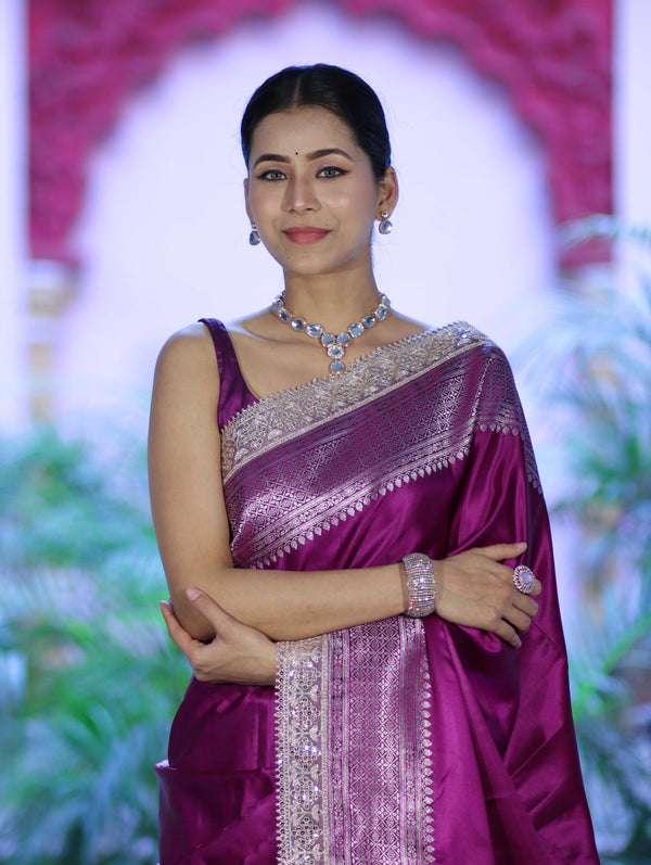 Banarasee Handloom Plain Mashru Silk Saree With Lace Border & Meenadar Pallu-Magenta