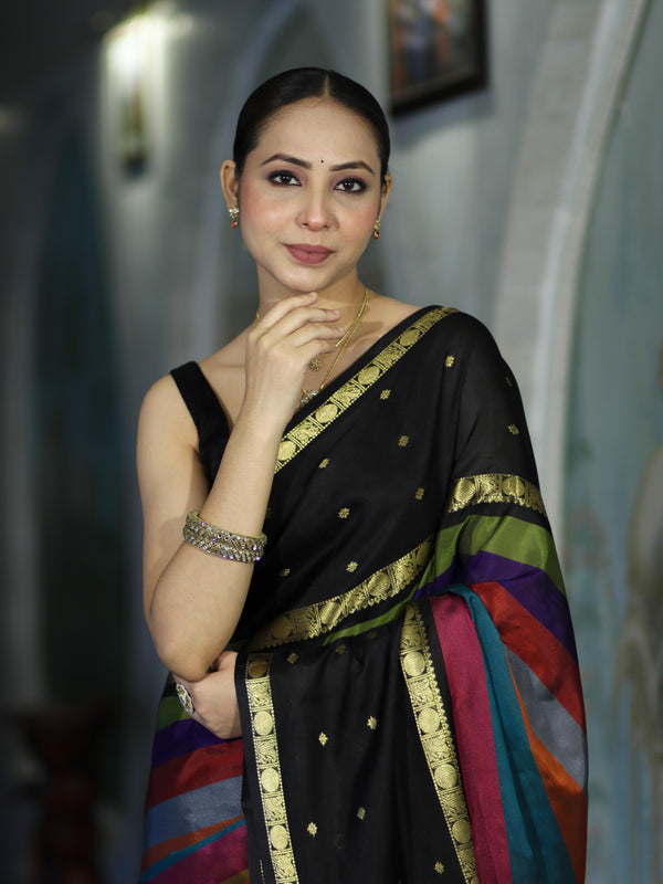 Banarasee Handloom Semi Silk Saree With Stripe Pattern & Buti Design Broad Border-Multicolor