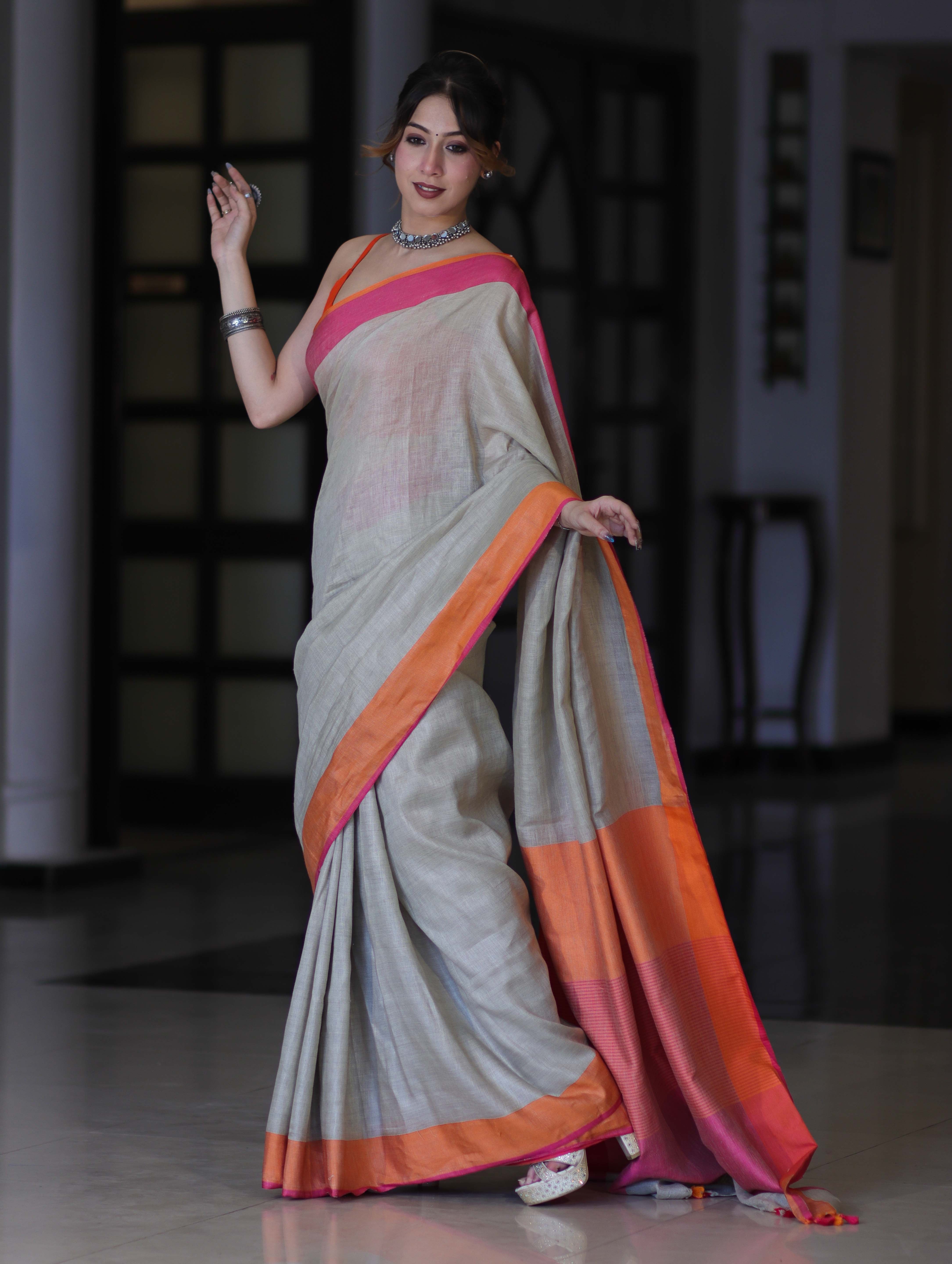 Bhagalpur Handloom Pure Linen Saree With Dual Tone Contrast Pallu-Grey