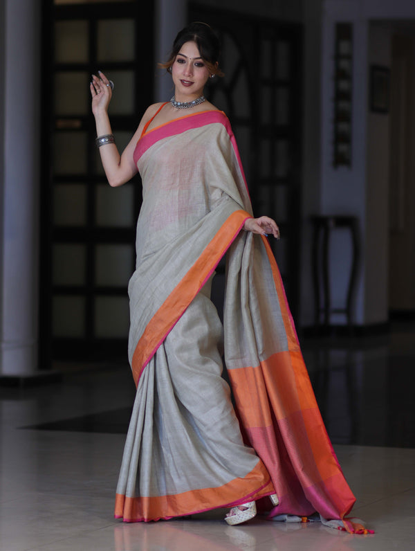 Bhagalpur Handloom Pure Linen Saree With Dual Tone Contrast Pallu-Grey