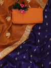 Banarasee Handloom Pure Silk Zari Buti Salwar Kameez Fabric With Dupatta-Navy Blue & Orange