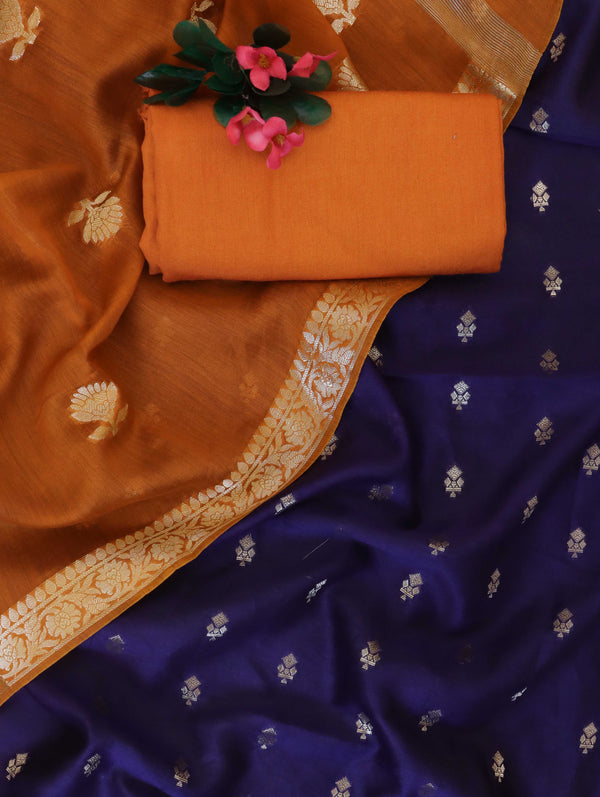 Banarasee Handloom Pure Silk Zari Buti Salwar Kameez Fabric With Dupatta-Navy Blue & Orange