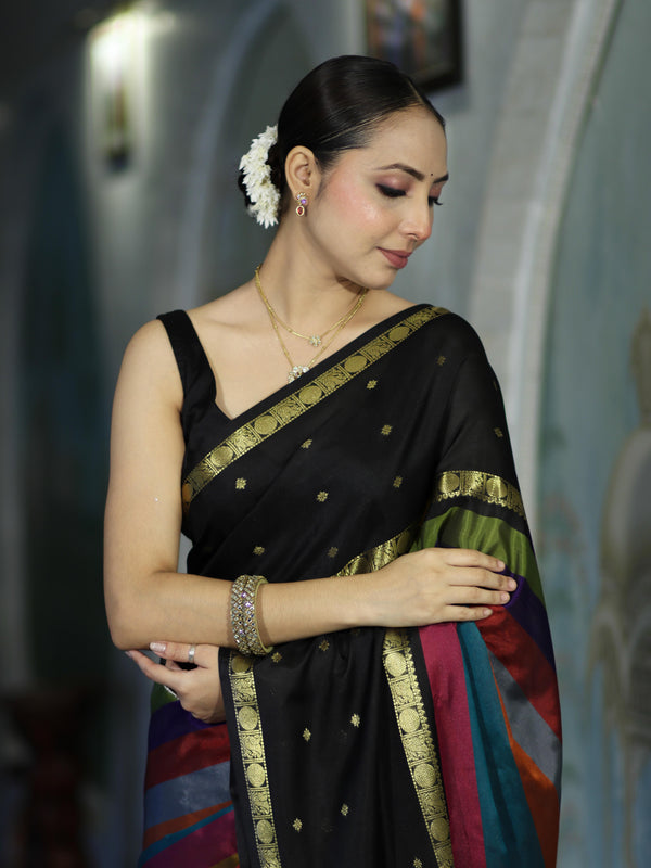 Banarasee Handloom Semi Silk Saree With Stripe Pattern & Buti Design Broad Border-Multicolor