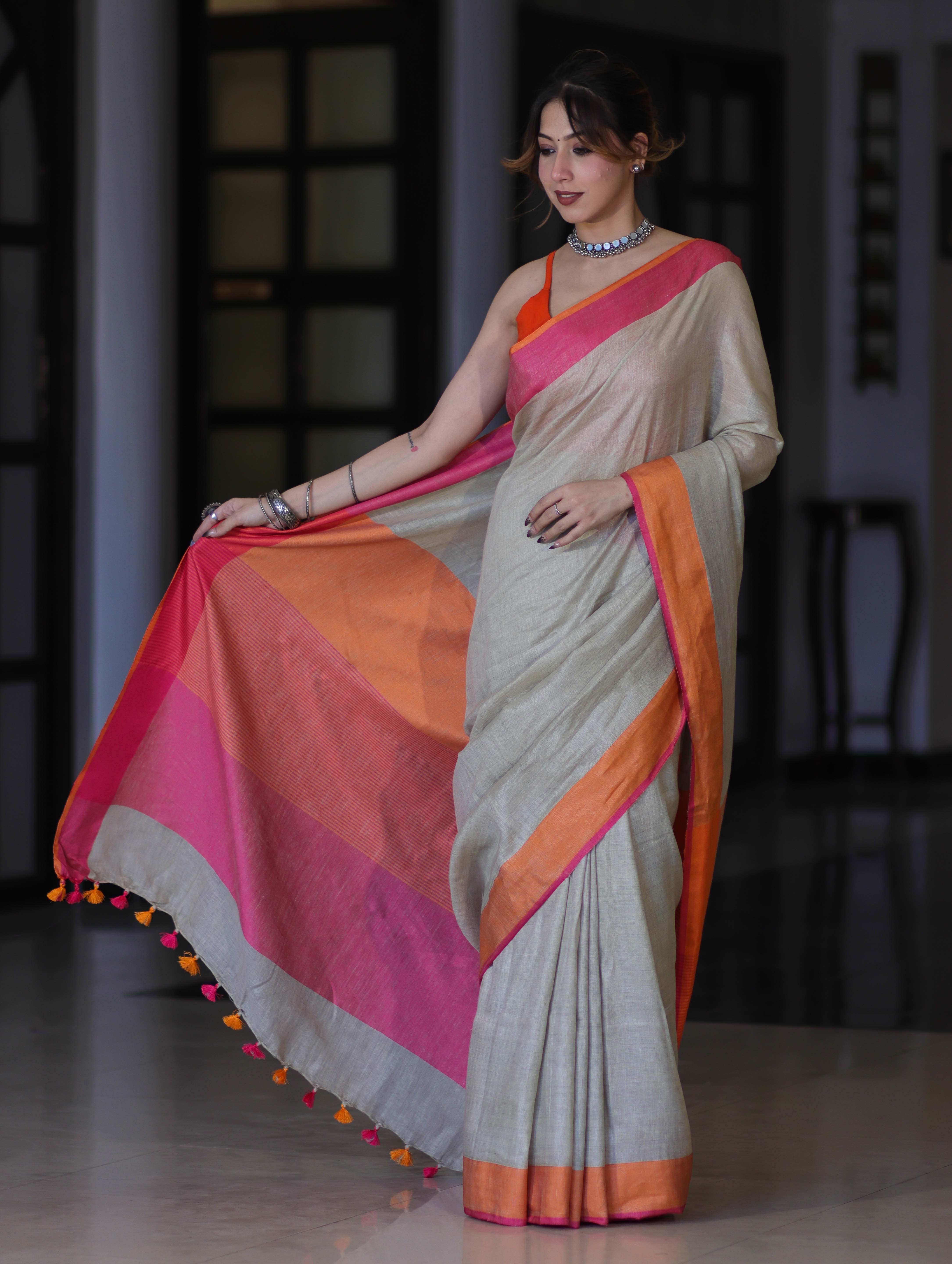 Bhagalpur Handloom Pure Linen Saree With Dual Tone Contrast Pallu-Grey
