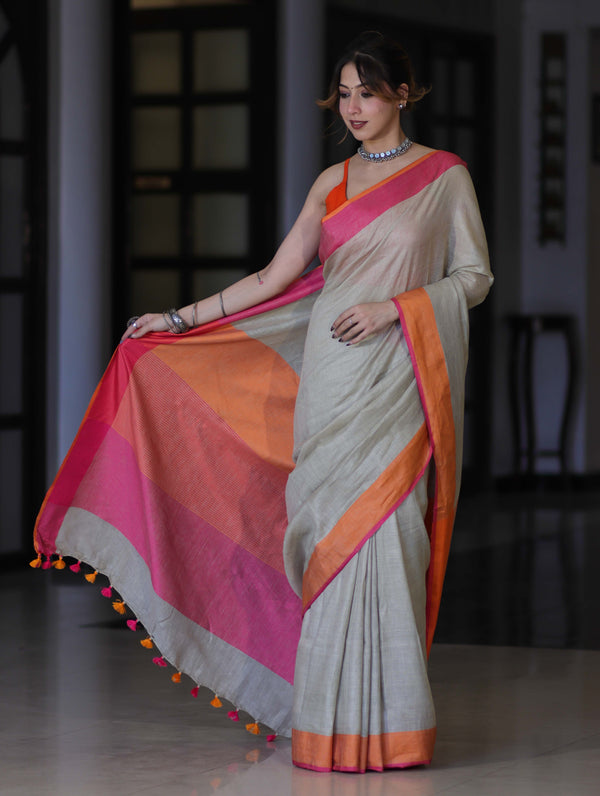 Bhagalpur Handloom Pure Linen Saree With Dual Tone Contrast Pallu-Grey
