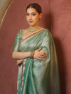 Banarasee Handwoven Plain Tissue Saree With Zari Broder & Lace-Sea Green