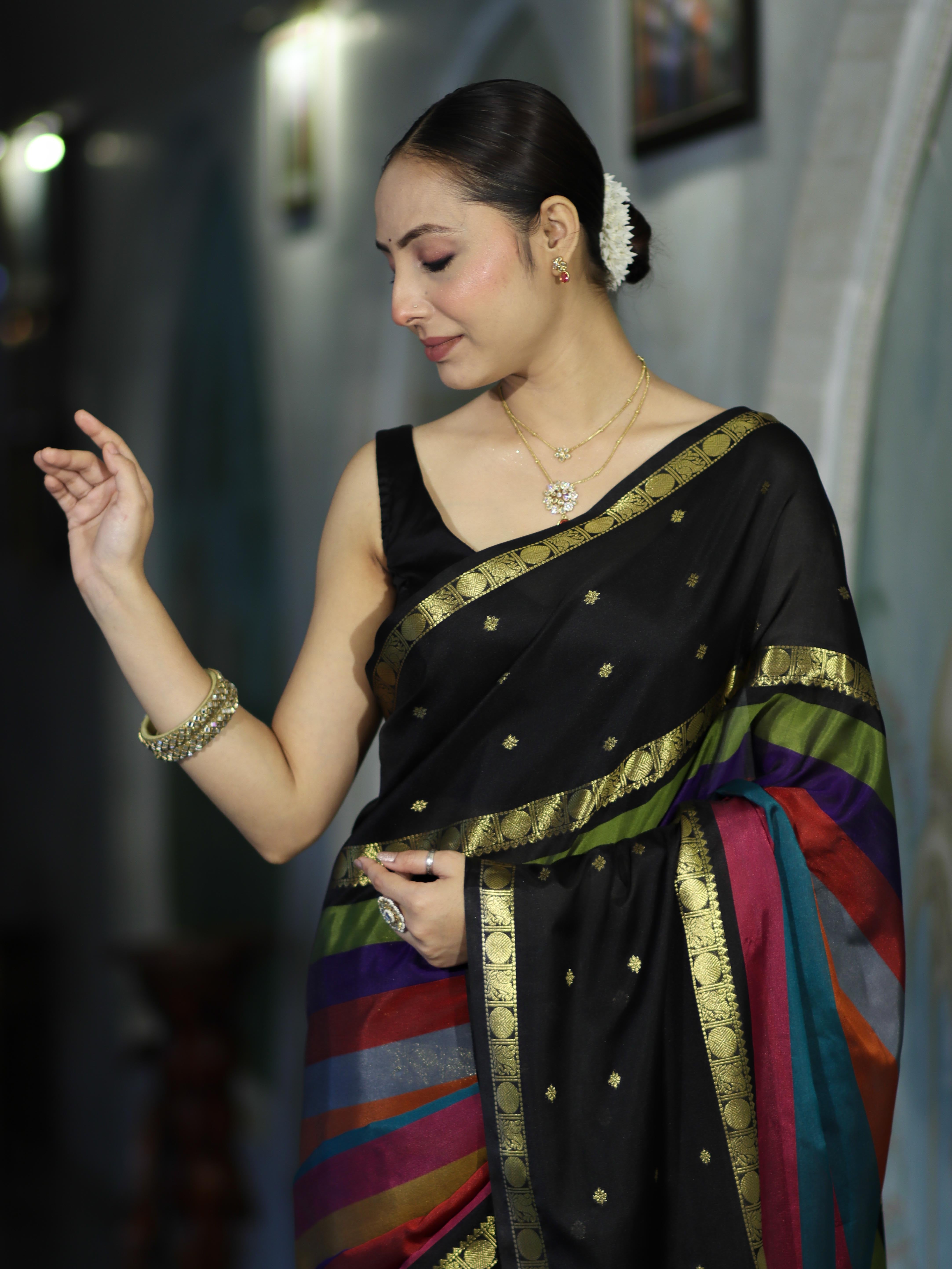 Banarasee Handloom Semi Silk Saree With Stripe Pattern & Buti Design Broad Border-Multicolor