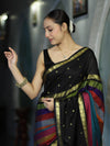 Banarasee Handloom Semi Silk Saree With Stripe Pattern & Buti Design Broad Border-Multicolor