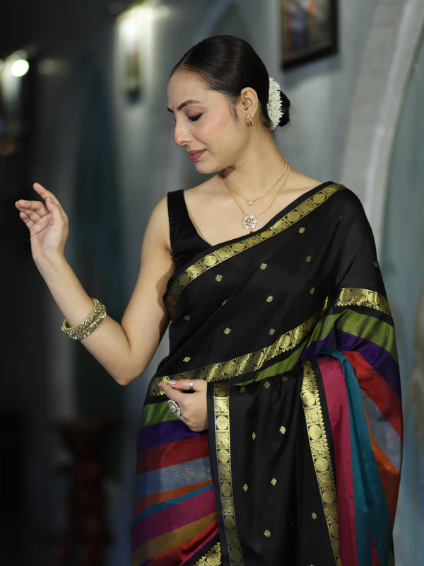 Banarasee Handloom Semi Silk Saree With Stripe Pattern & Buti Design Broad Border-Multicolor