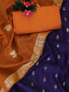 Banarasee Handloom Pure Silk Zari Buti Salwar Kameez Fabric With Dupatta-Navy Blue & Orange