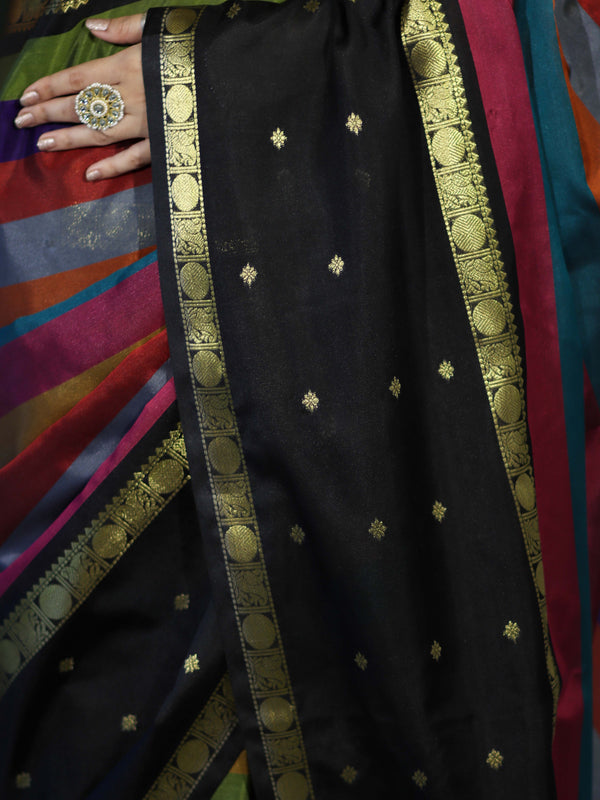 Banarasee Handloom Semi Silk Saree With Stripe Pattern & Buti Design Broad Border-Multicolor
