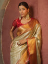 Banarasee Handwoven Tissue Saree With Zari Broad Broder-Sliver & Red