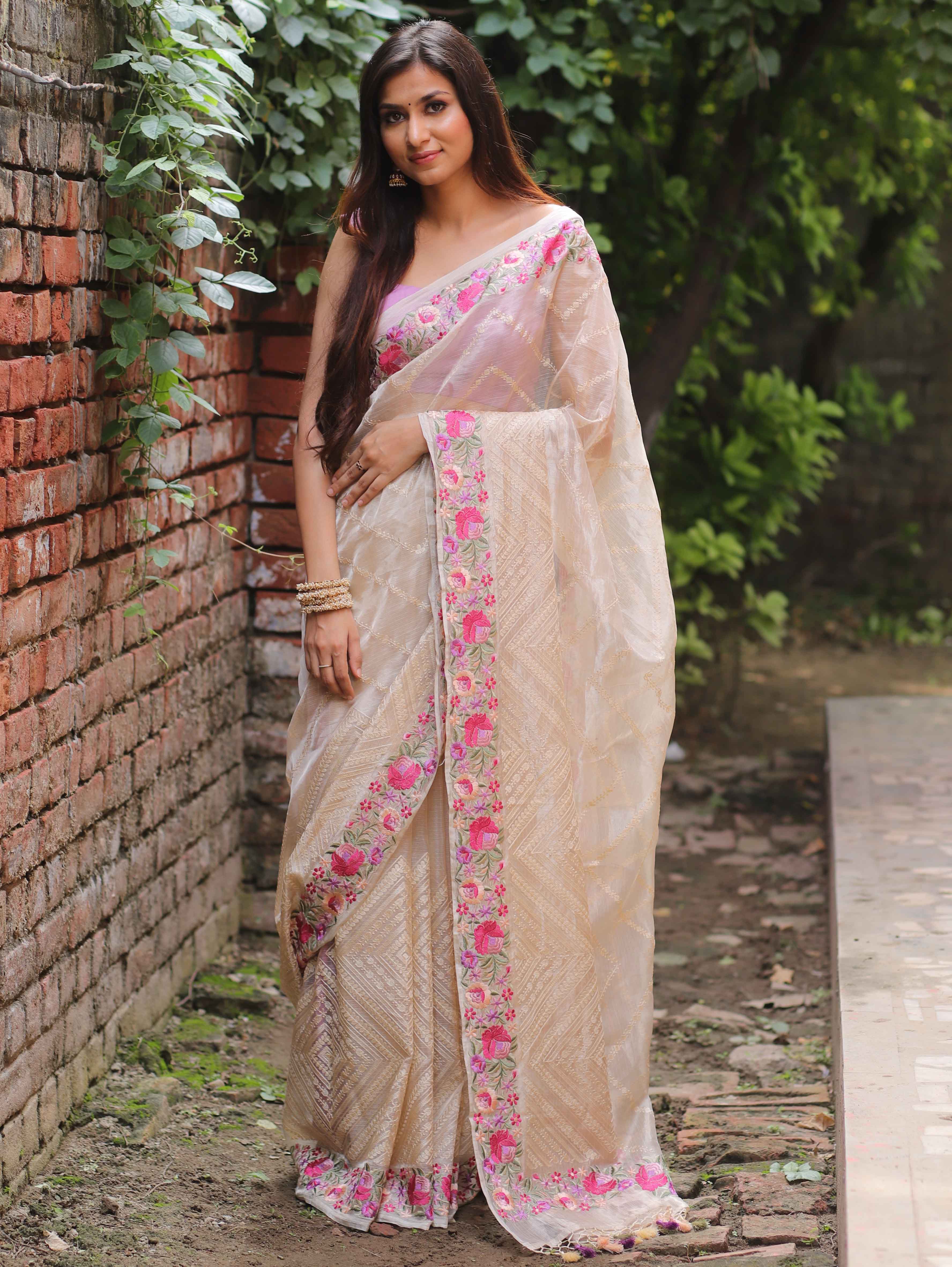 Banarasee Handloom Pure Tissue Silk Embroidered Saree-Gold