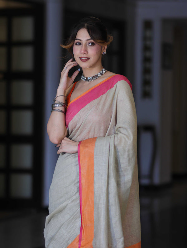 Bhagalpur Handloom Pure Linen Saree With Dual Tone Contrast Pallu-Grey