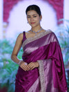 Banarasee Handloom Plain Mashru Silk Saree With Lace Border & Meenadar Pallu-Magenta