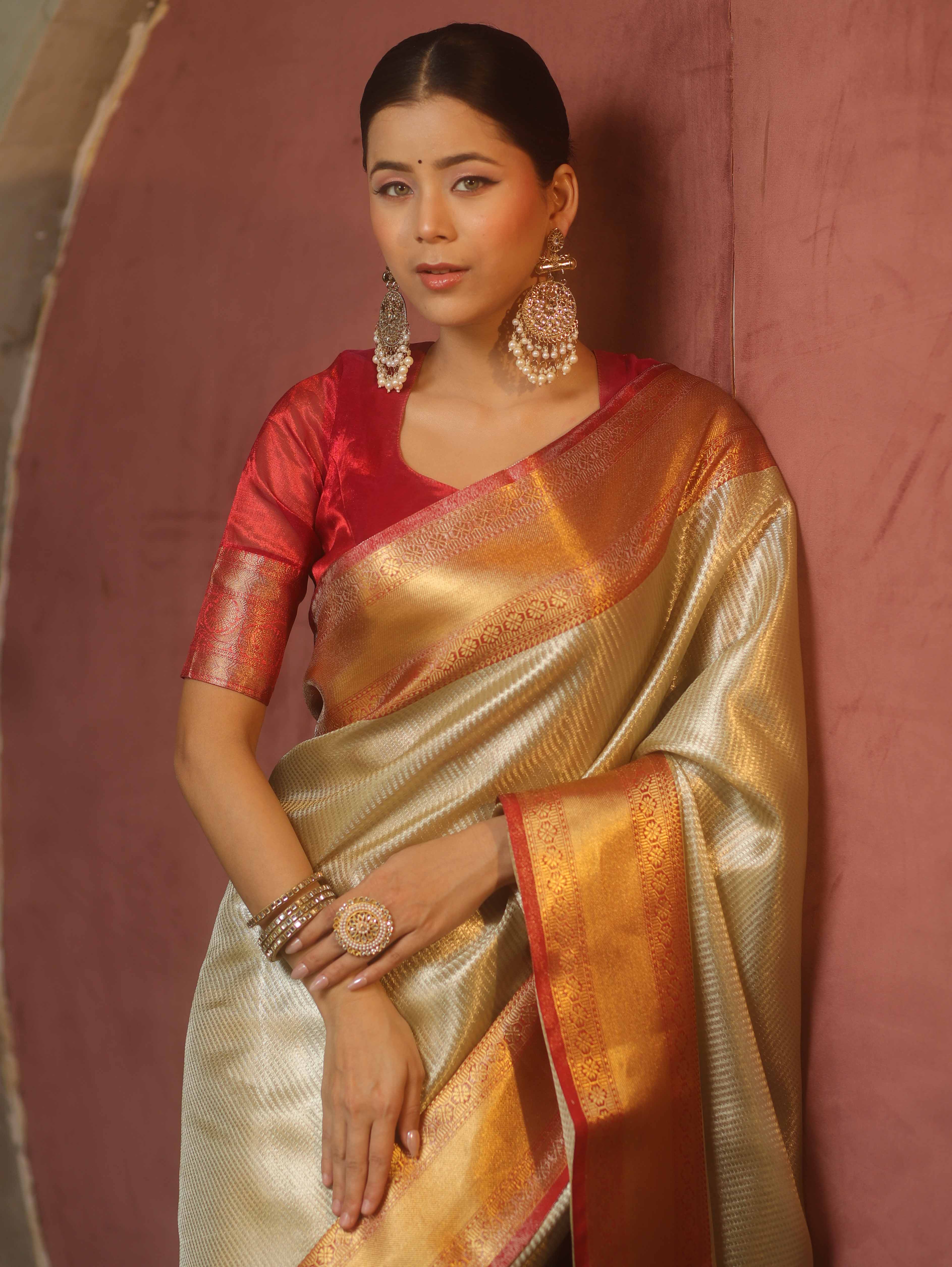 Banarasee Handwoven Tissue Saree With Zari Broad Broder-Sliver & Red