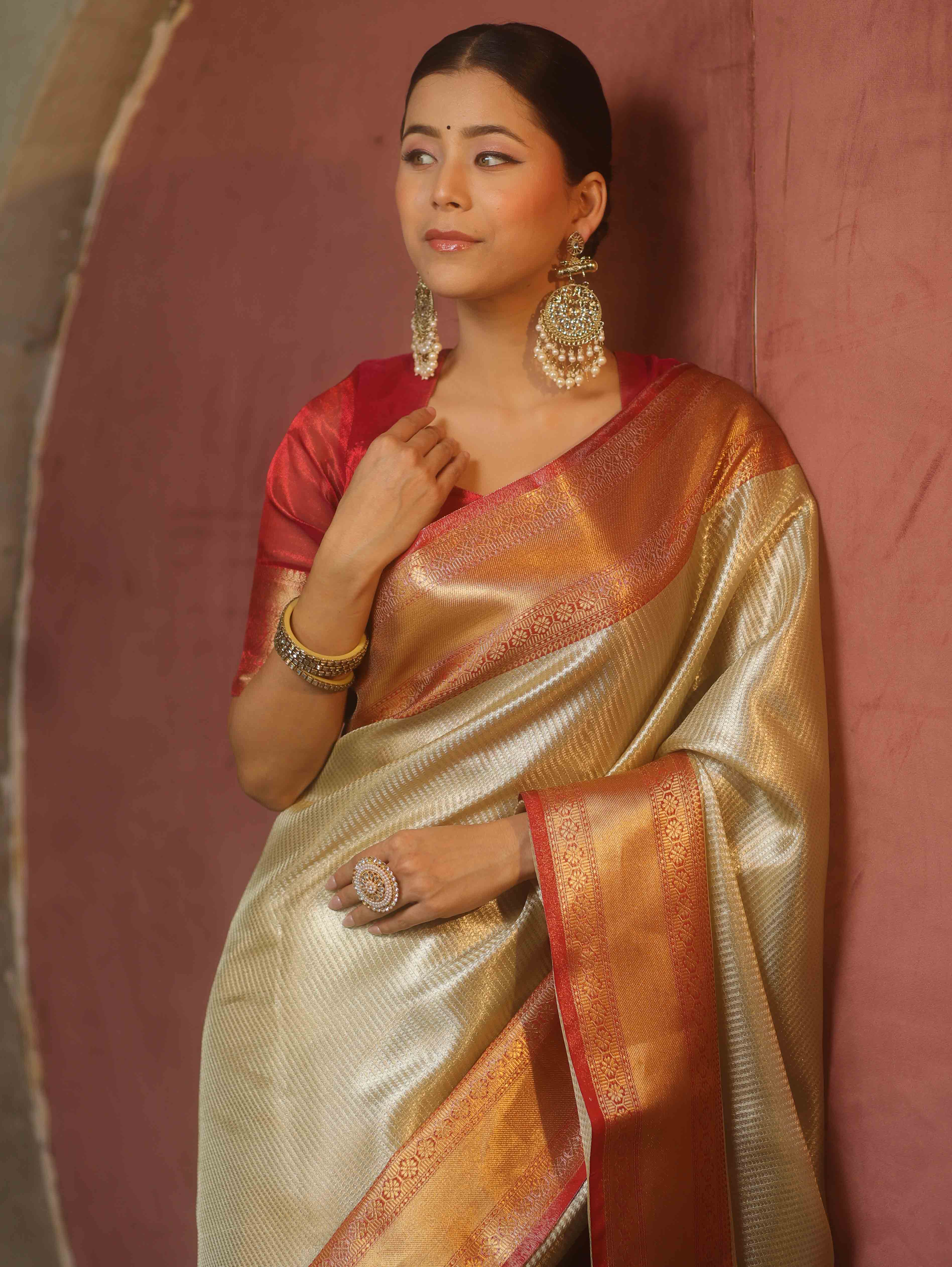 Banarasee Handwoven Tissue Saree With Zari Broad Broder-Sliver & Red